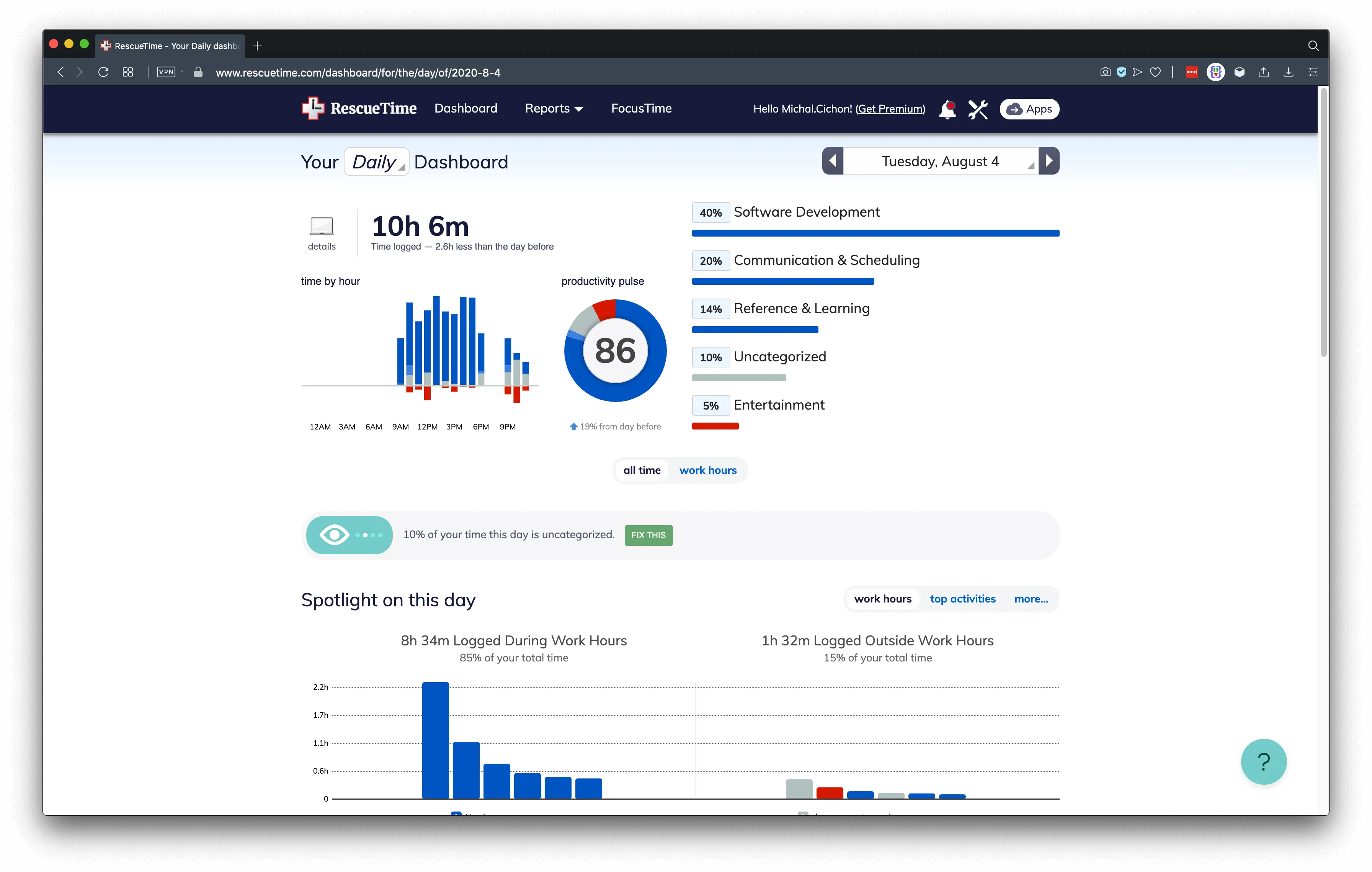 Example of RescueTime report