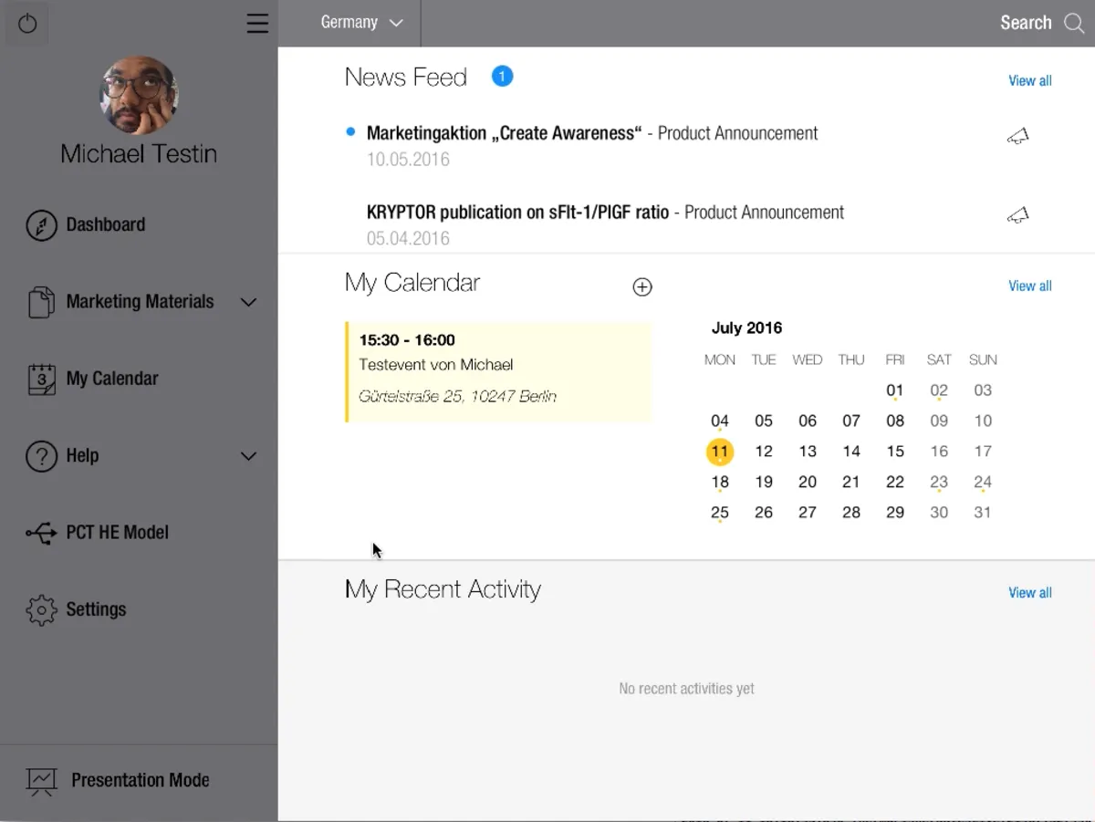 SIMAPP dashboard with news feed and calendar